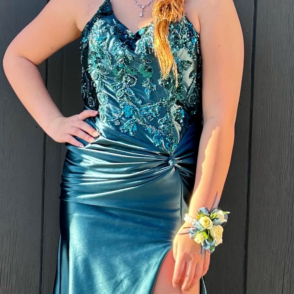 Faviana emerald green formal gown.